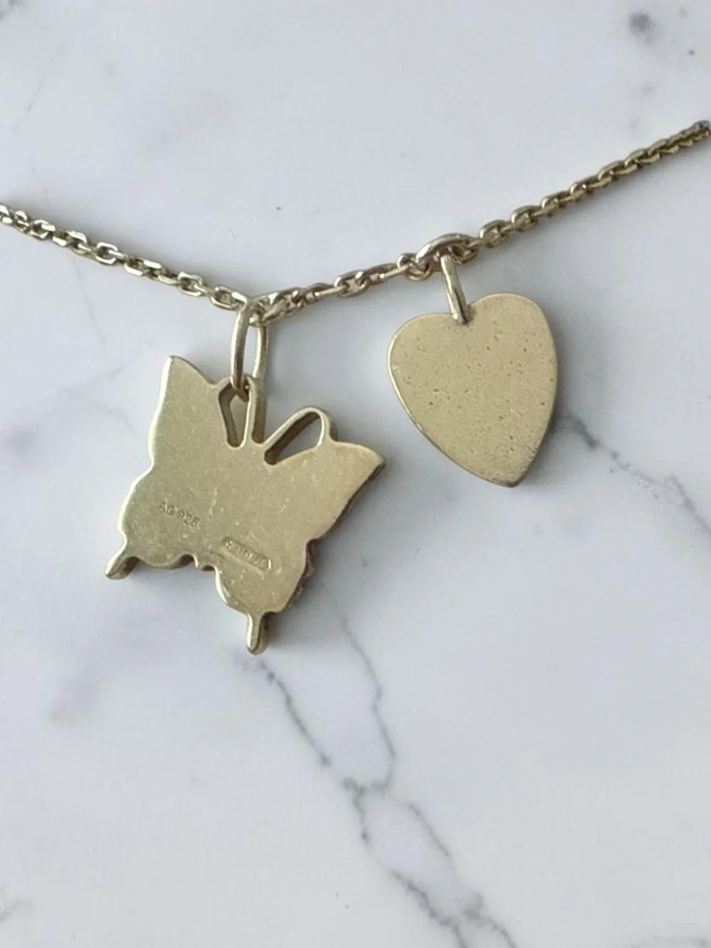 GUCCI 925 Sterling Silver Trademark Heart Butterfly Charm Chain Bracelet 16